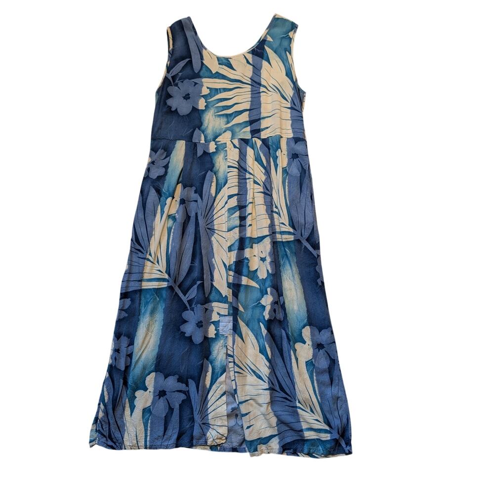 Jams World Vintage Tropical Palm Floral Maxi Dress Womens Large Blue White Slit